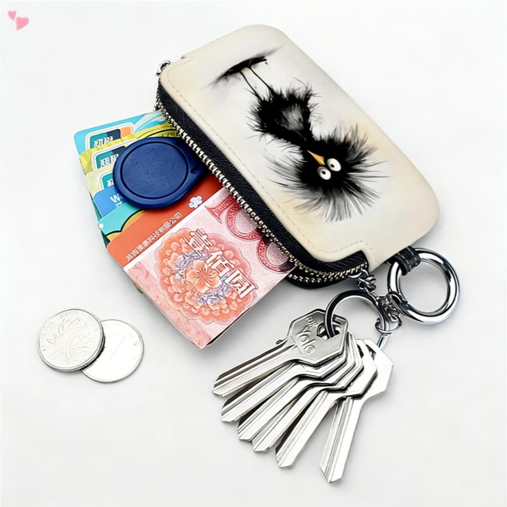 Carteira Organizadora De Chaves Multifuncional Com Estampa De Pássaro De Desenho Animado-Estojo Portátil De Couro Sintét