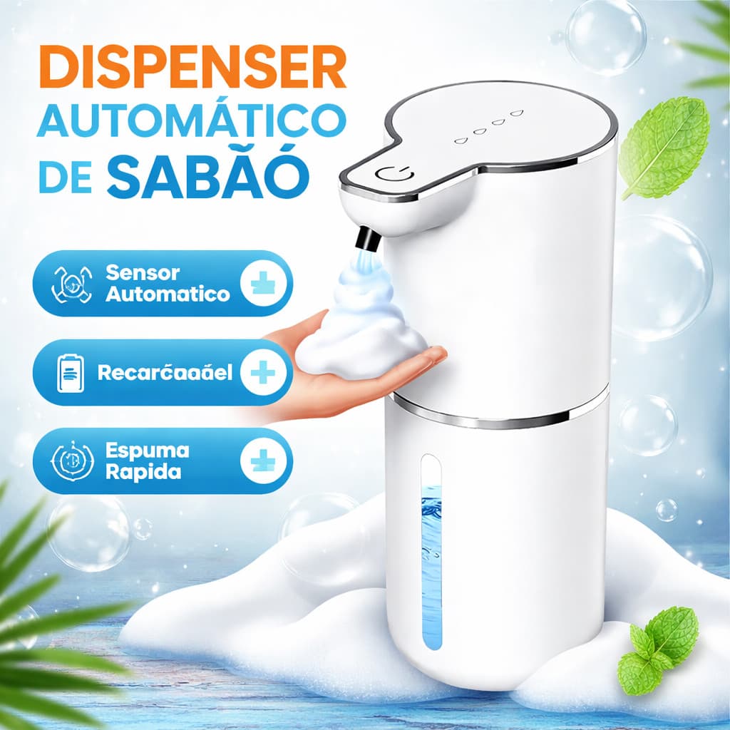 Dispensador Automático de Sabonete Sensor Sem Toque Recarregável USB Espuma Líquido para Banheiro Cozinha