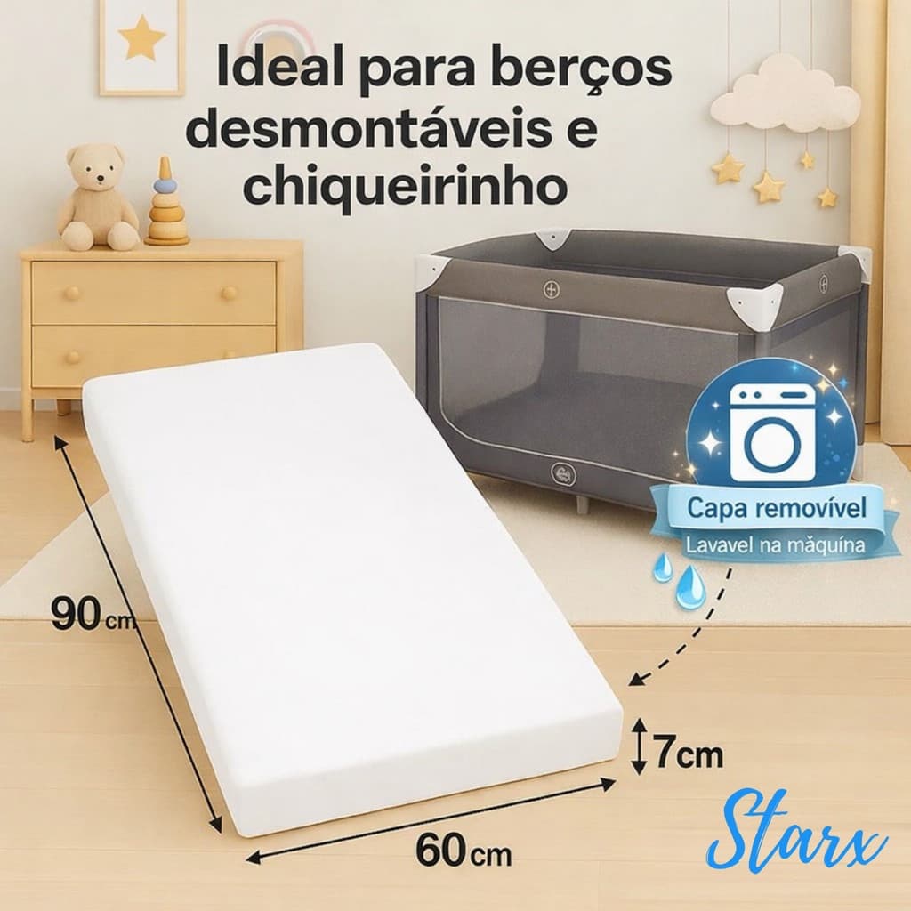 Colchão Para Berço Desmontável Chiqueirinho Cercadinho Capa Removível 90x60x07cm Macio
