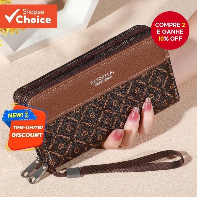 Carteira Feminina Retrô De Couro Com Zíper Duplo Bolsa De Negócios Porta Cartões De Crédito Embreagem De Telefone