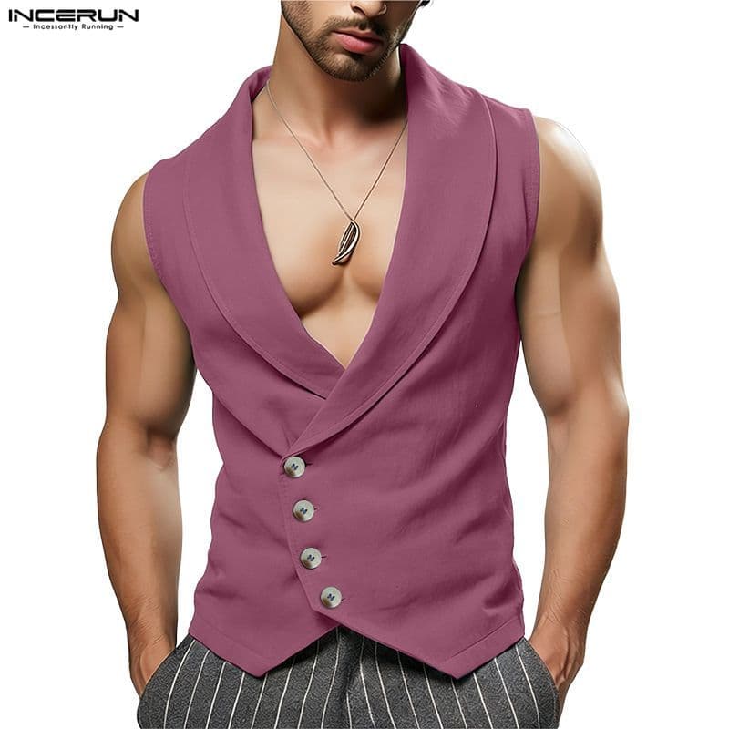 INCERUN Masculino Vintage Business Casual Lapela Sem Mangas Single-Breasted Algodão Linho Coletes Simples