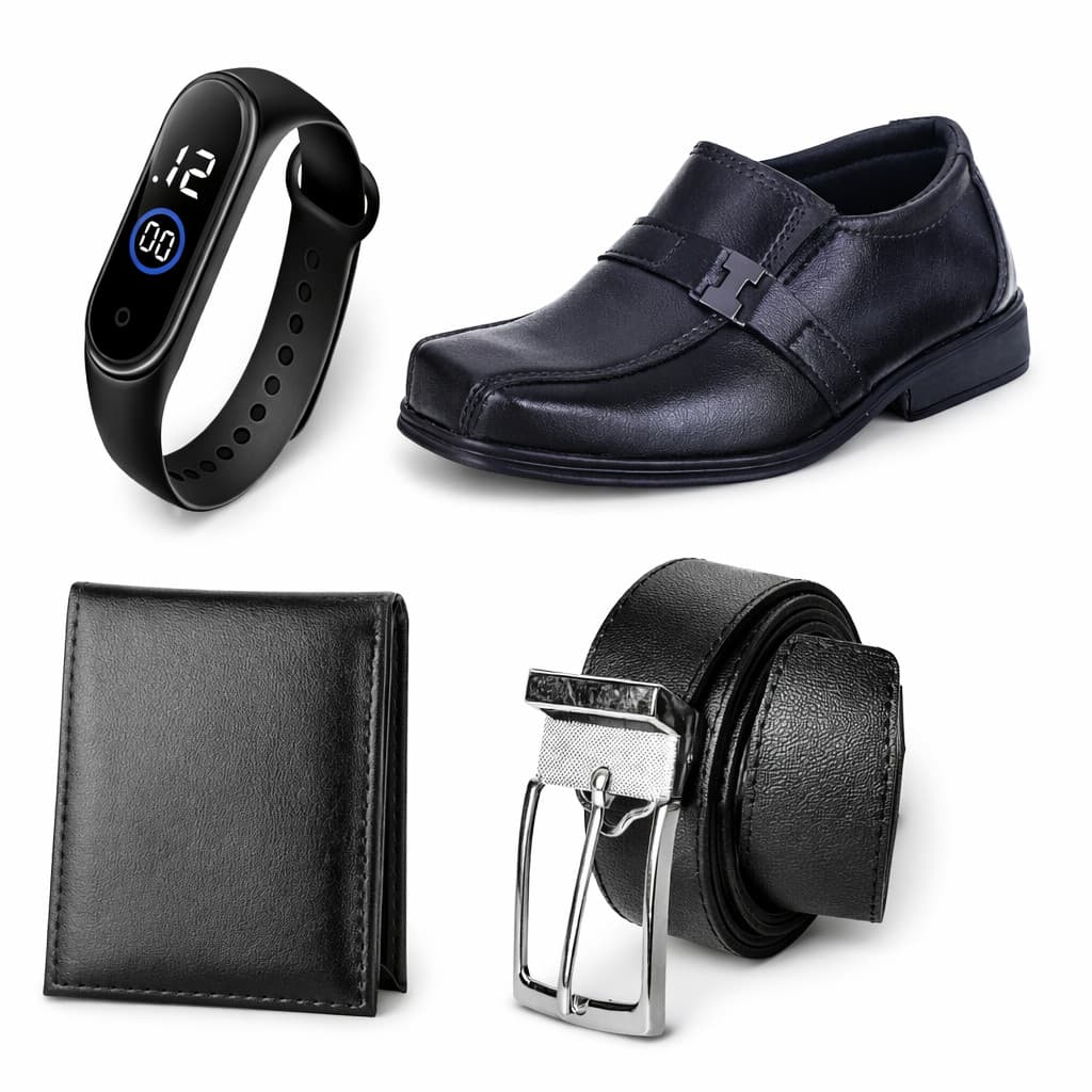 Kit Social Infantil: Sapato Verniz Preto + Cinto Dupla Face + Carteira Preta + Relógio Digital Tam 21-36