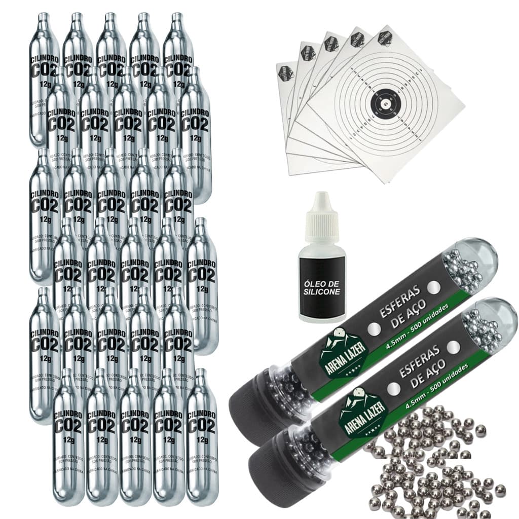 Kit Airgun Airsoft 30 Cilindro Capsula Co2 + 1000 Esfera de Aço Munição 4,5mm + Óleo de Silicone + 5 Alvos