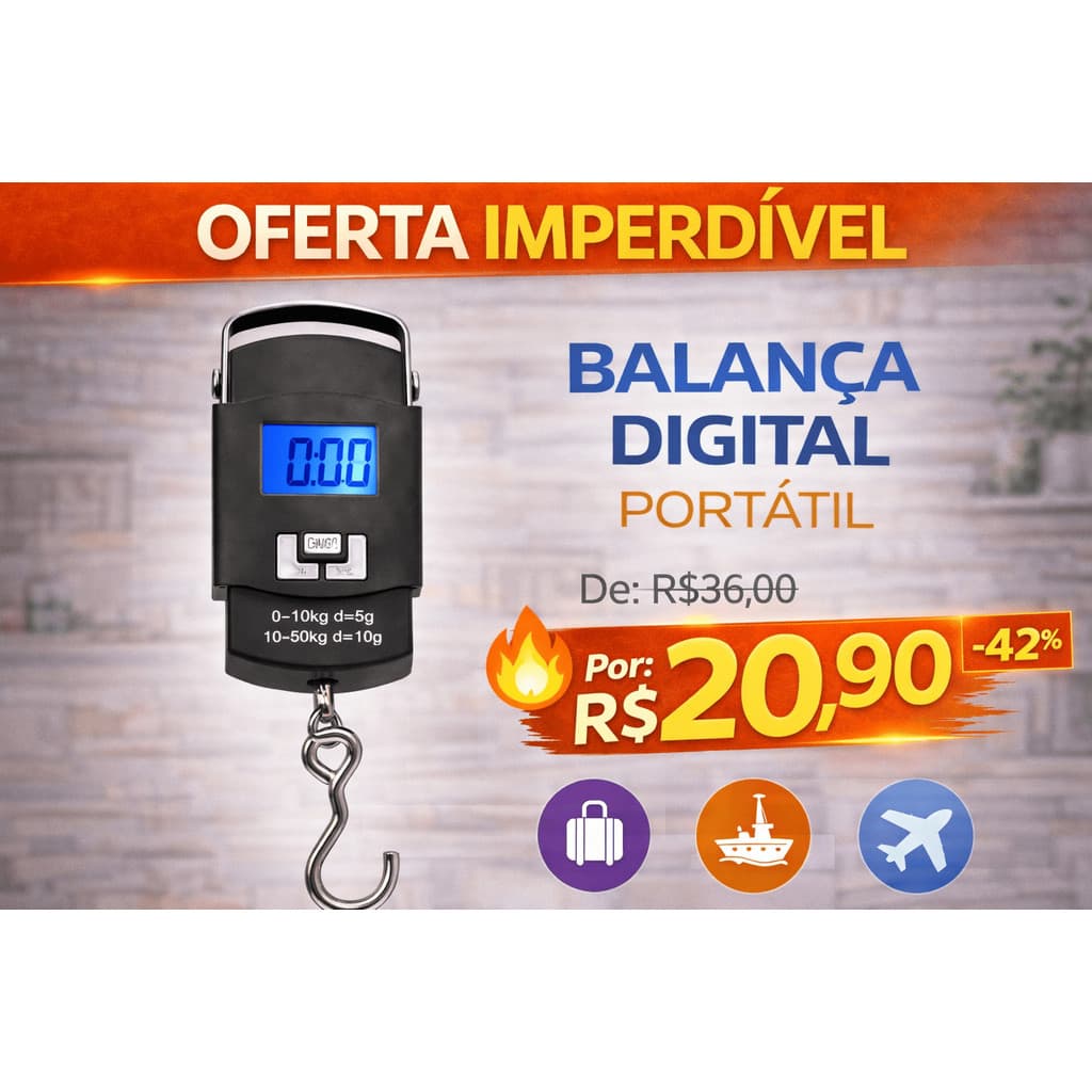 Balança Digital Portátil 50kg com Gancho | Balança para Mala Viagem Pesca Alta Precisão