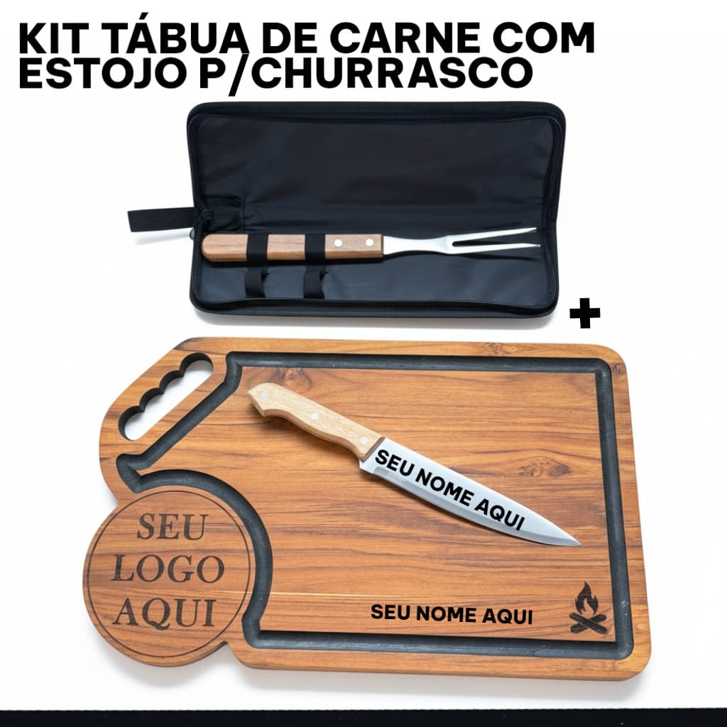Kit Churrasco Tábua Faca Garfo Inox Kit Personalizado Com Seu Nome Para Cozinha Madeira Teca