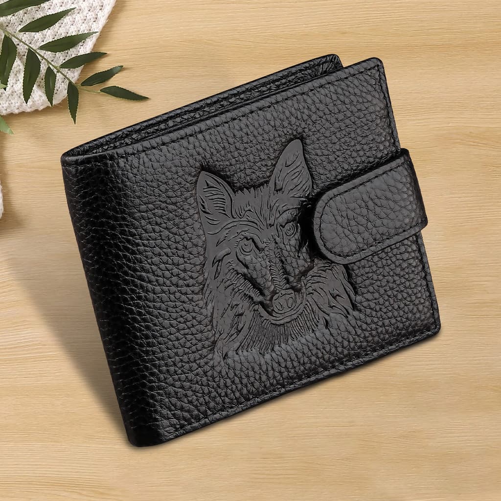 2026 Novo produto com padrão de cabeça de lobo decoração carteira masculina simples três dobráveis pode armazenar Slot p