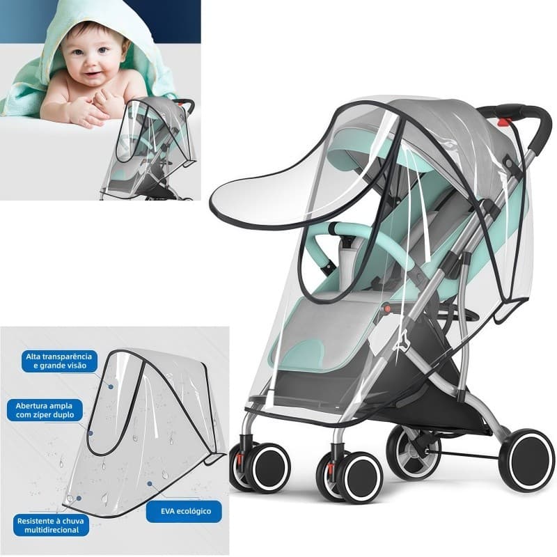 Capa De Chuva Carrinho Bebê Tempo Vento Sol Transparente Respirável Guarda