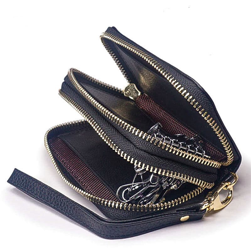 Jun Ge novo estilo caso chave de couro duplo zíper grande capacidade mudança cartão chave do carro armazenamento embreag