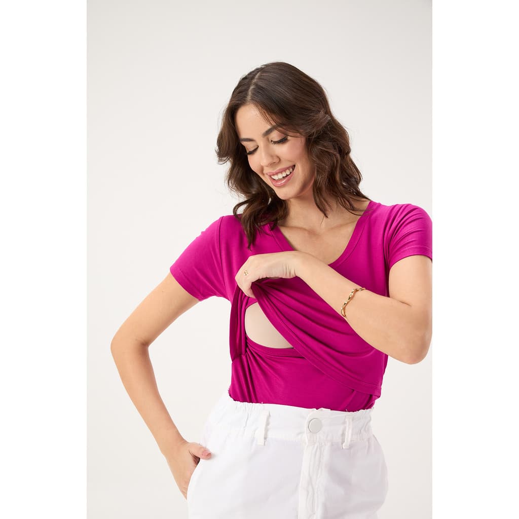 BLUSA DE AMAMENTAÇÃO GOLA V ROSA FÚCSIA