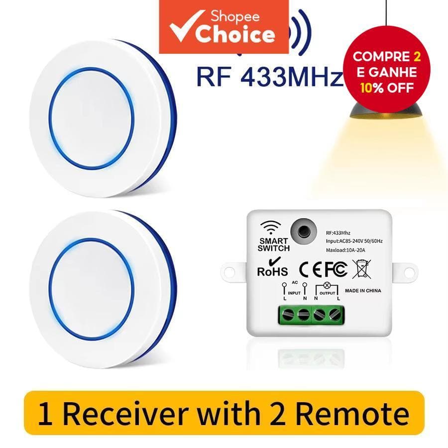 Interruptor De Luz Sem Fio RF 433MHz AC85-240V 10A-20A Transmissor De Relé
