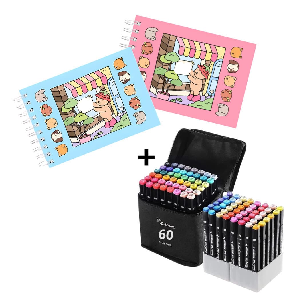 Kit de Livro de Colorido 48 Folhas+Jogo Caneta Marcadora 48/60 Cores