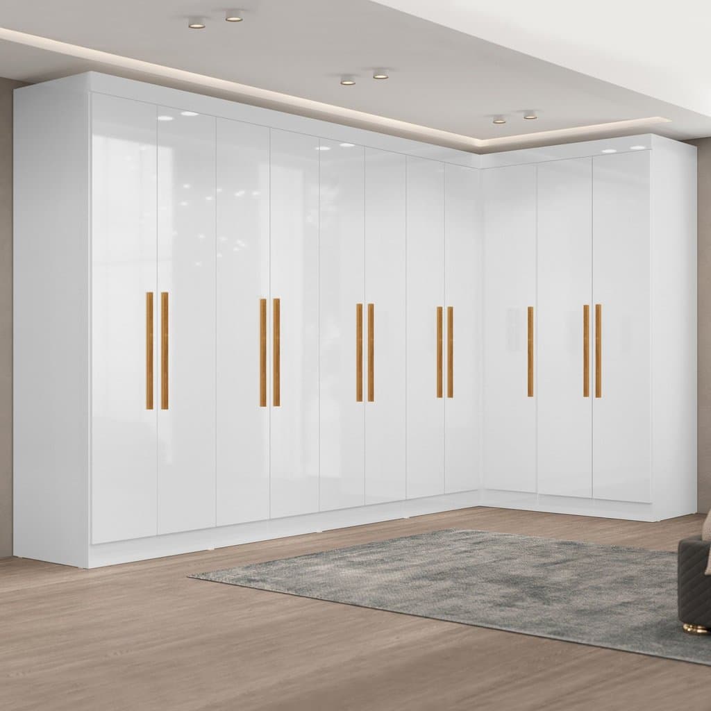 Guarda-roupa Modulado de Canto 11 Portas e 4 Gavetas Paris Branco