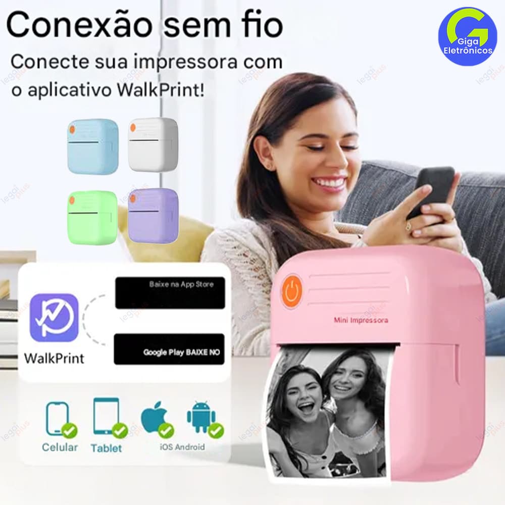 Nova mini impressora: modelo portátil e sem fio, compatível com sistemas Android e iOS, impressão em papel térmico.