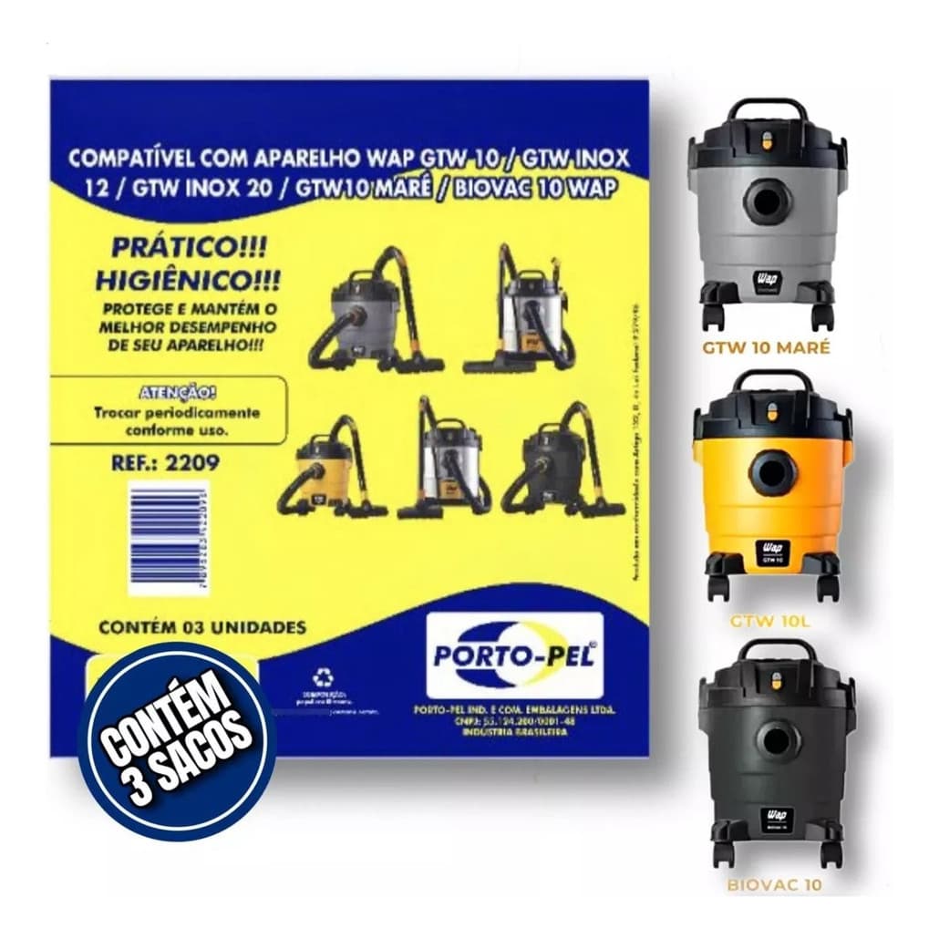 Saco para Aspirador de Pó Wap Gtw10 Gtw12 Kit 3 Unidades Porto Pel