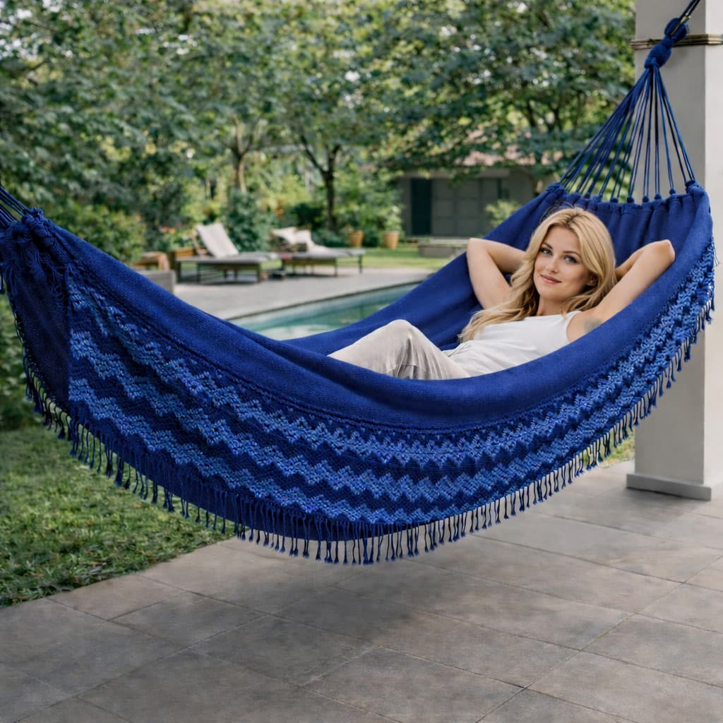 Rede De Dormir Descanso 4Metros Grande Casal Reforçada Jeans Mesclada Franja Algodão  Envio Imediato