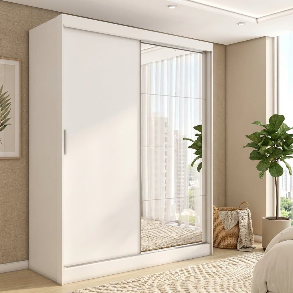 Guarda-roupa Solteiro com Espelho 2 Portas de Correr 4 Gavetas Amêndola/Off-White London Branco/Amendola