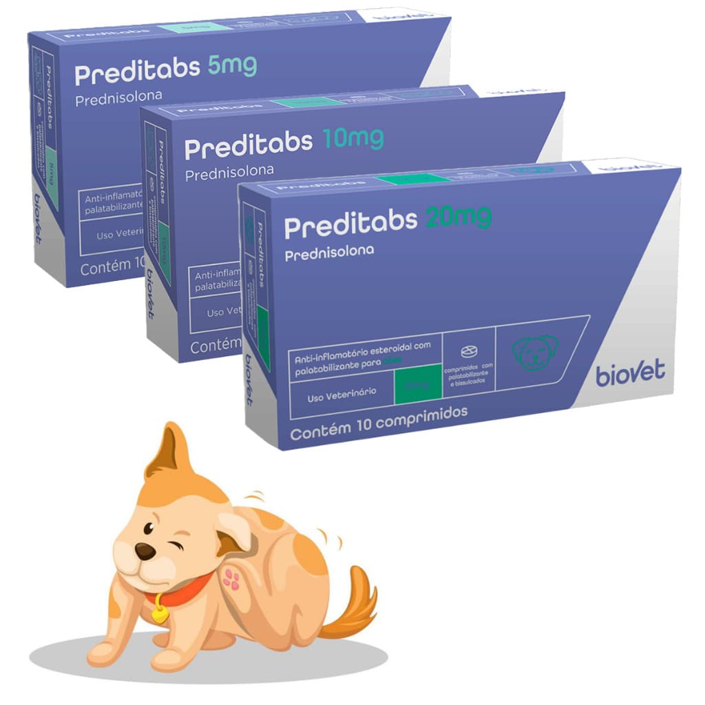 Predinisolona Preditabs 5mg 10mg 20mg  Anti-inflamatório cães e gatos Alívio rápido - 10 compr.