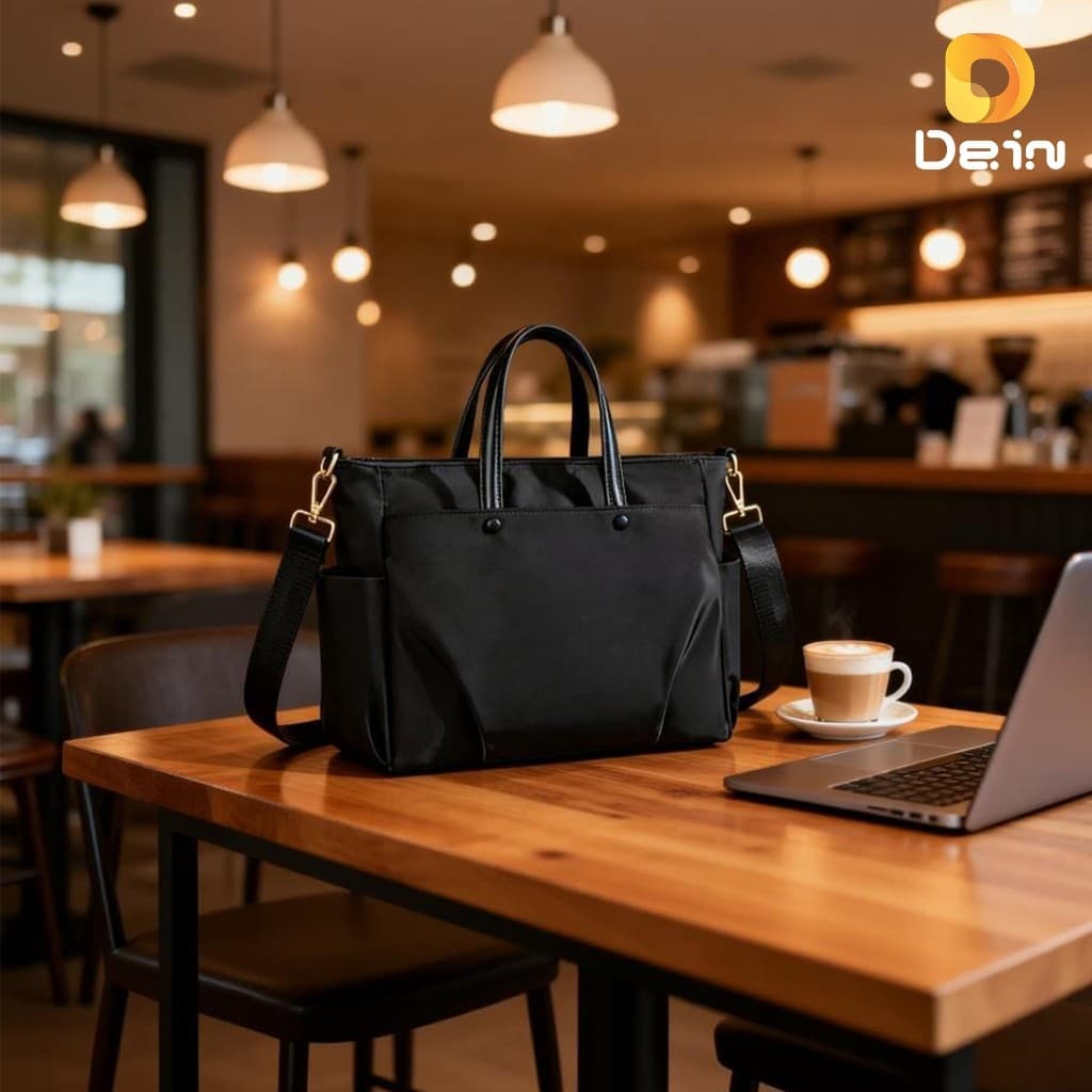 Bolsa Feminina Impermeável Grande para Notebook 15,6” Elegante com Alça Ajustável Preta Bege