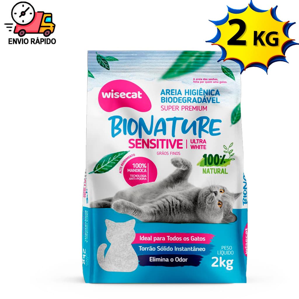Areia Higiênica Para Gatos 100% Mandioca Biodegradável Wisecat 2Kg ou 4kg Graos Finos