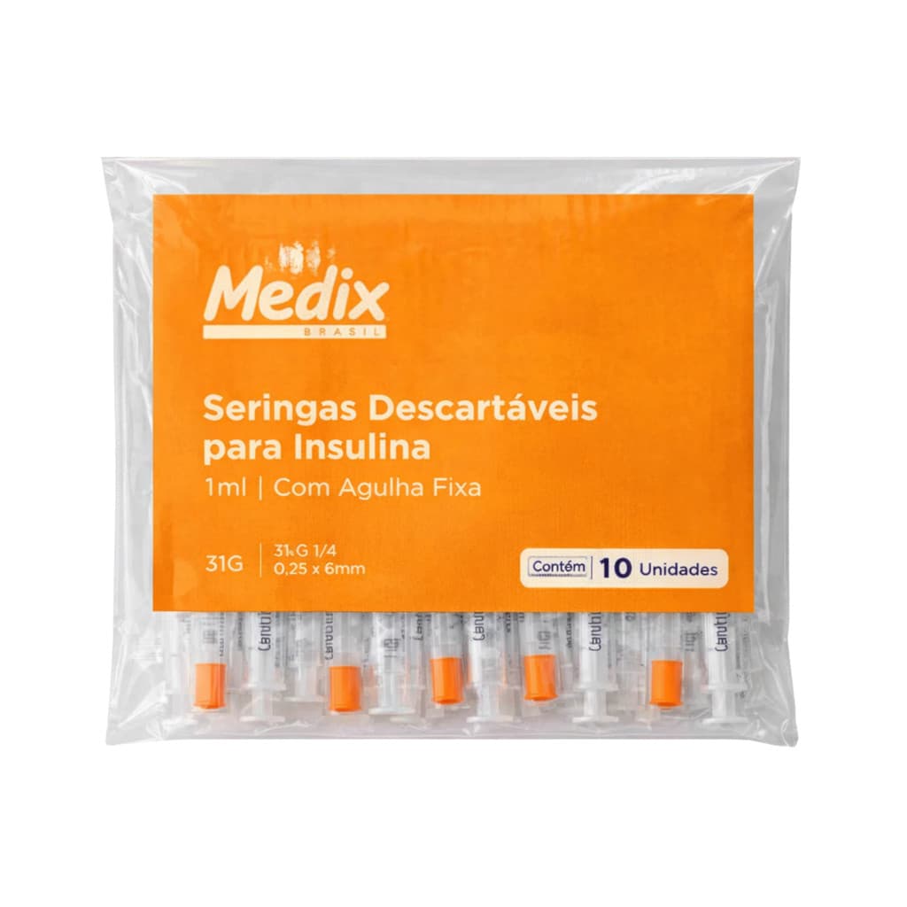 Seringa Insulina 1ml Agulha Fina 6x0,25mm 31G - Kit 10un Medix