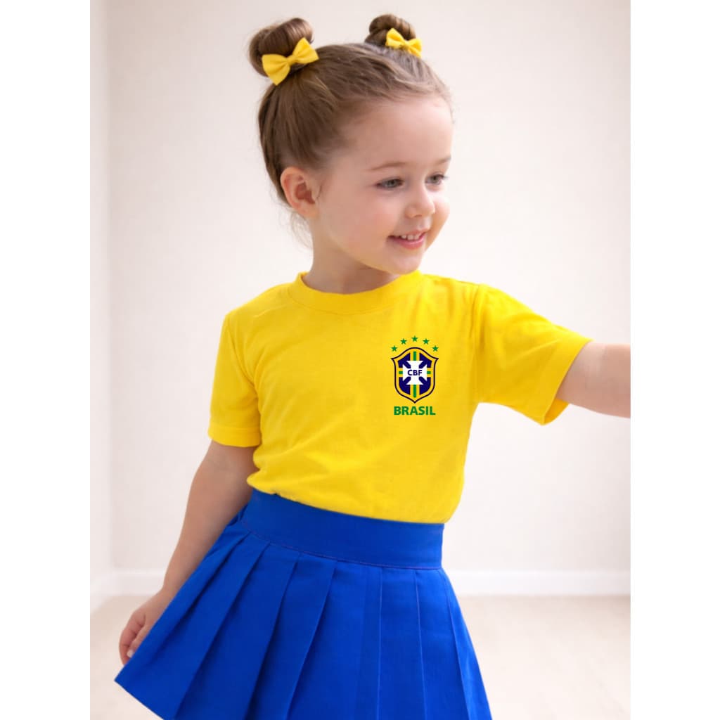 Camiseta Algodão Infantil Estampa Brasil  Copa do Mundo Menina Princesa Look Brasileira