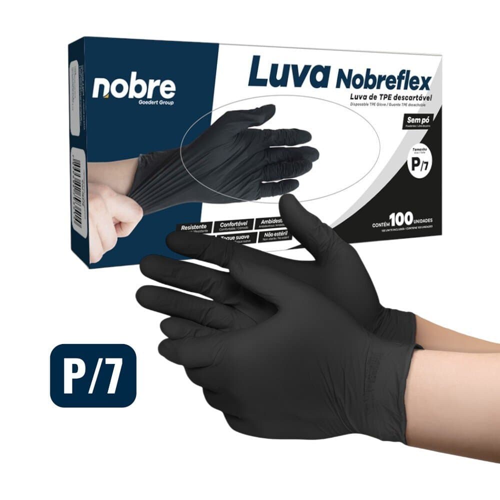 Caixa com 100 Luvas P TPE Sem Látex Sem Pó Descartável Preta Nobre Nobreflex para Alimentos