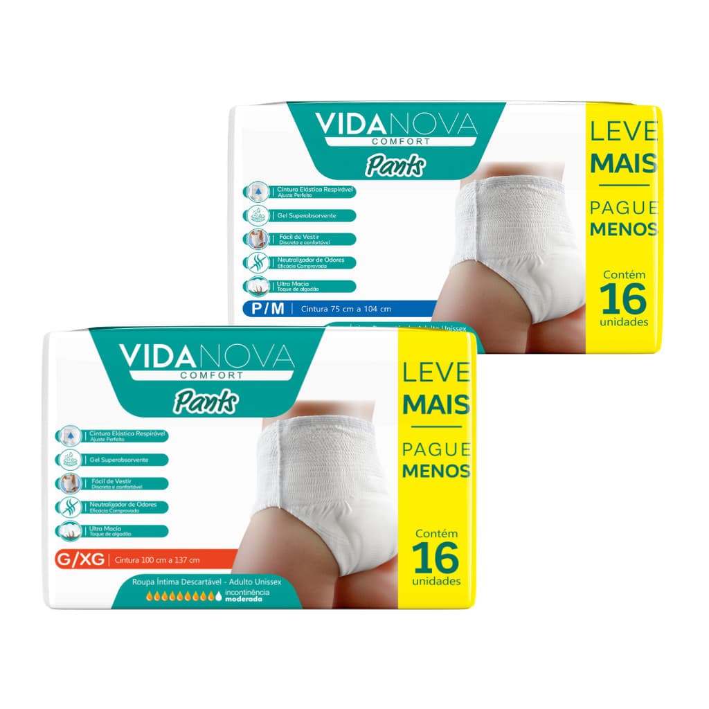 Fralda Calça Geriátrica Pants Vida Nova P/M PACOTE 16 UNIDADES Incontinência Moderada /Intensa