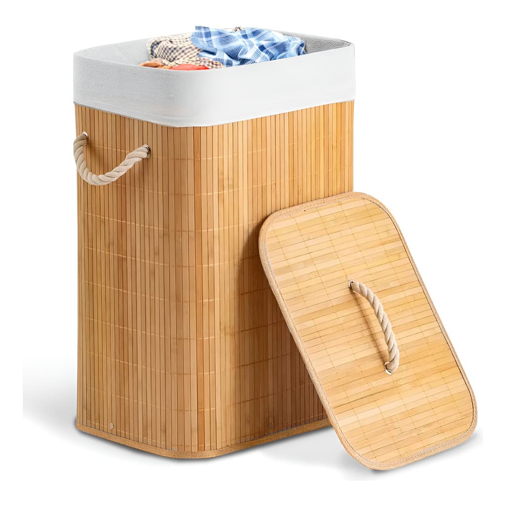 Cesto de Roupa Bege 70L Dobrável em Bambu com Tampa Casa Uno Liso - Organizador de Lavanderia, Banheiro e Quarto, Prátic
