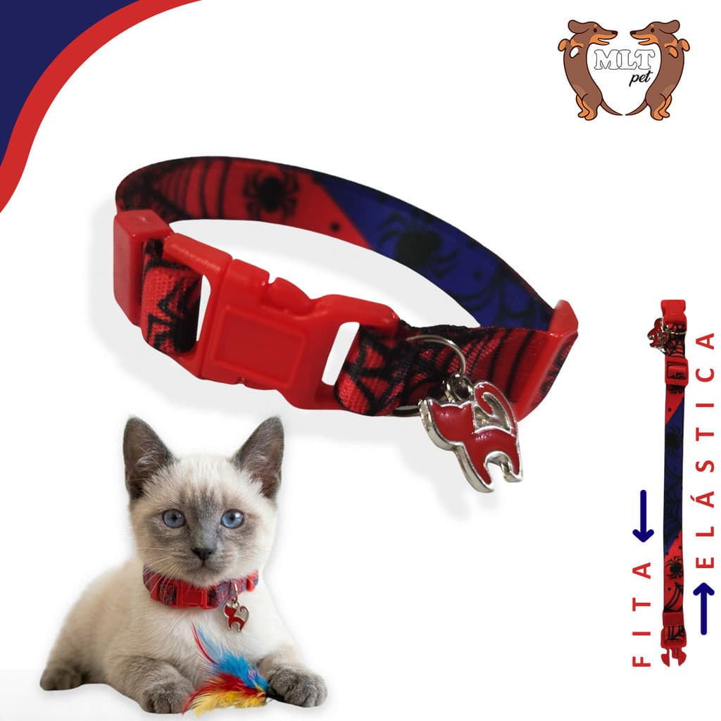 Coleira elástica personagens Mlt Pet para gato ajustável fecho anti-enforcamento