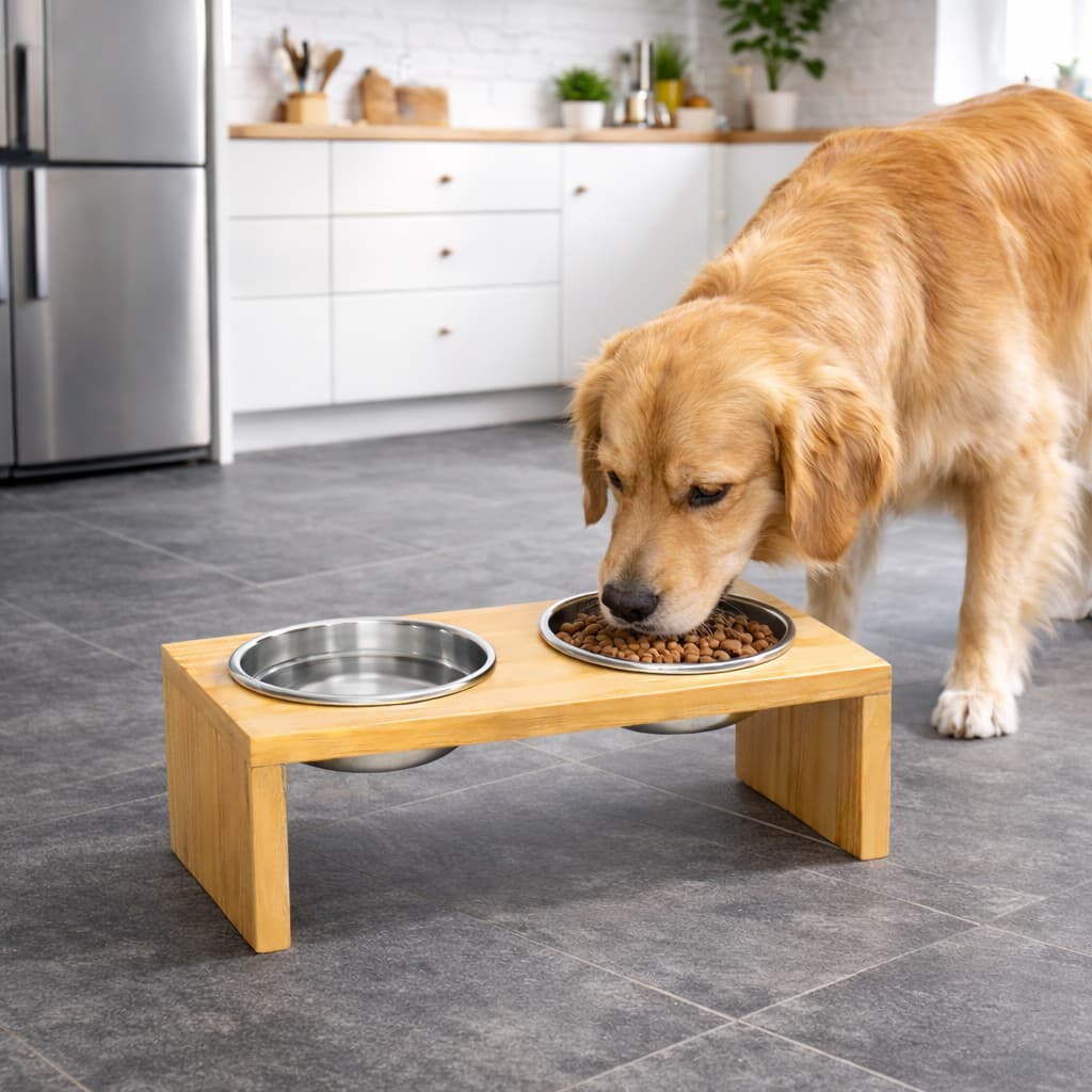 Comedouro Elevado Ergonomico Duplo Pinus Alumínio Pet Cães Luxo