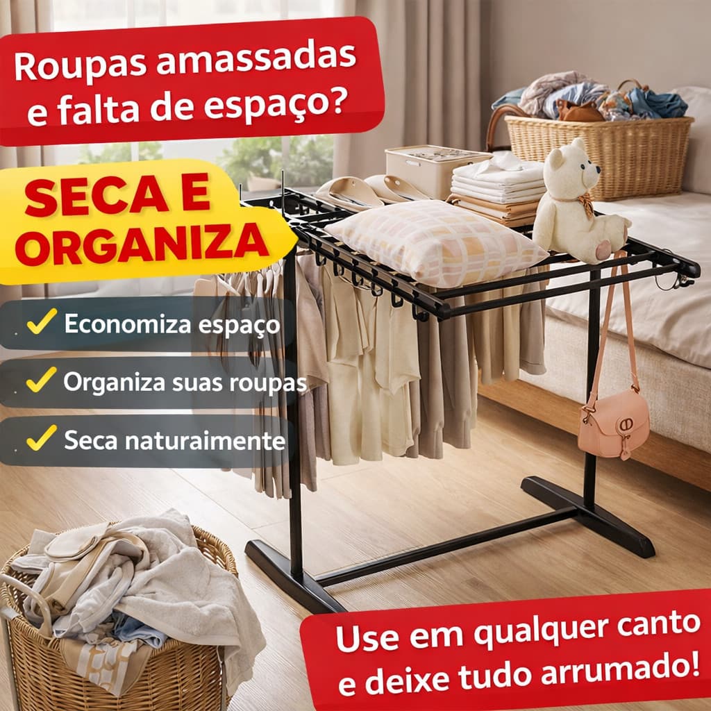 Suporte Multiuso para Secar Roupas com Prateleira e Ganchos – Estrutura Reforçada