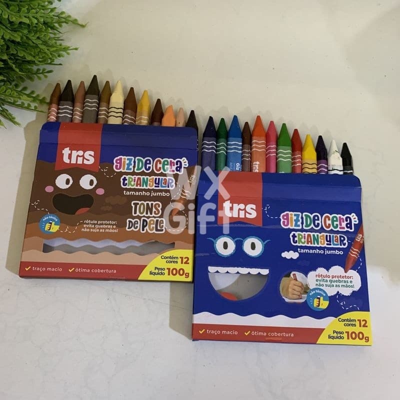 Giz de Cera Jumbo Triangular com 12 Cores Tons de Pele e Comum  - Tris