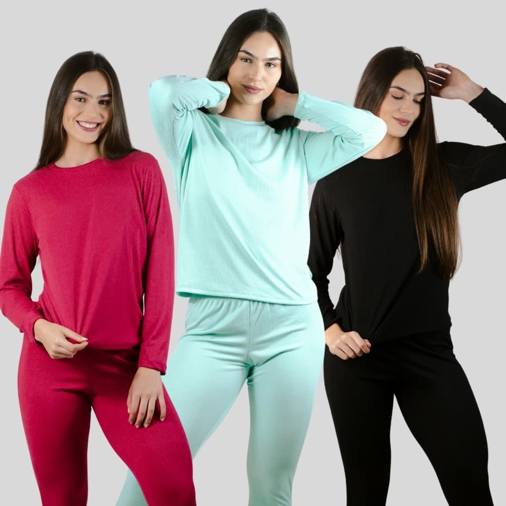 KIT 3 Pijama Feminino Longo Canelado Tecido Leve Algodão Confortável Quentinho