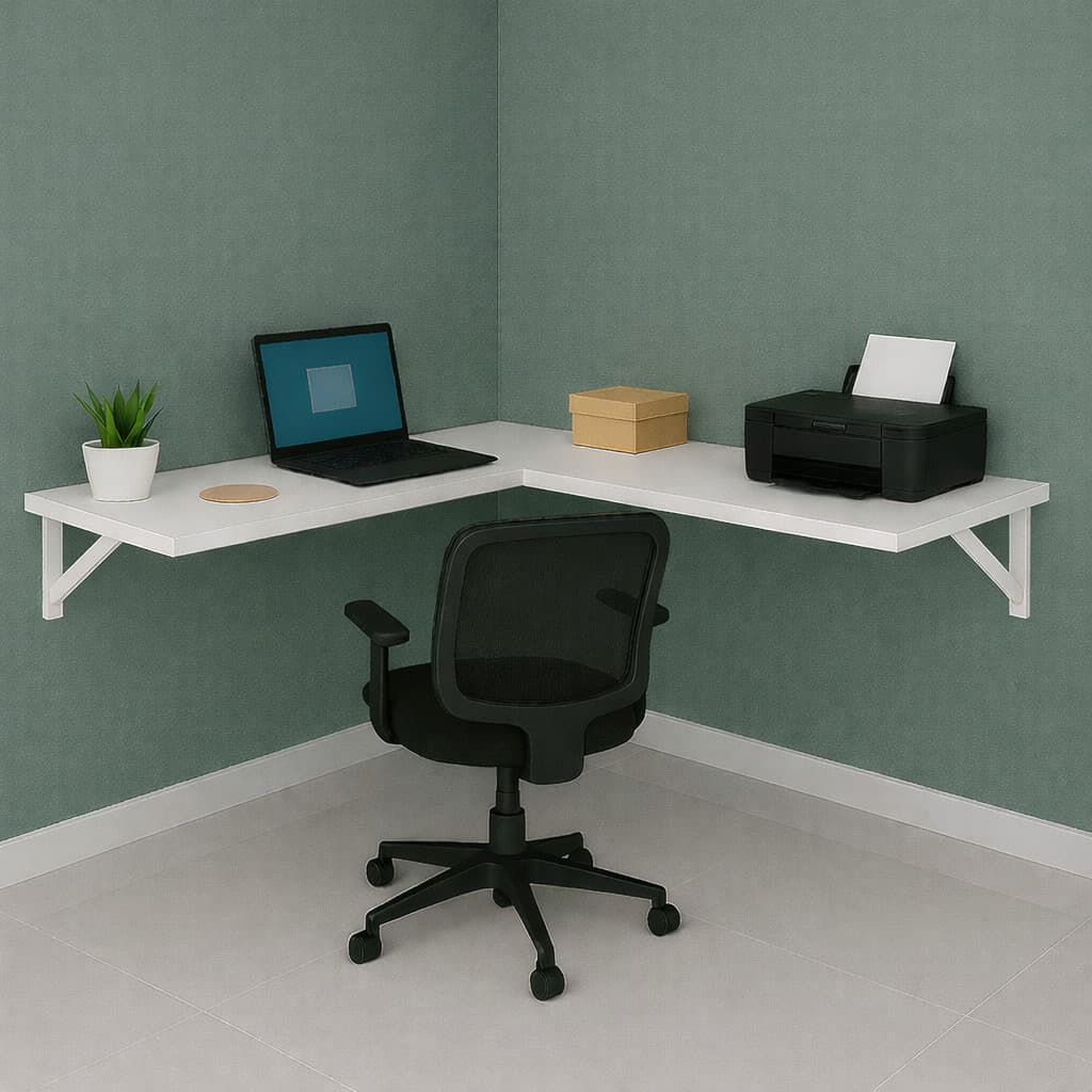 Escrivaninha em L Suspensa com suporte mão francesa ideal para estudo, escritório, bancada de apoio cor BRANCA 100% MDF