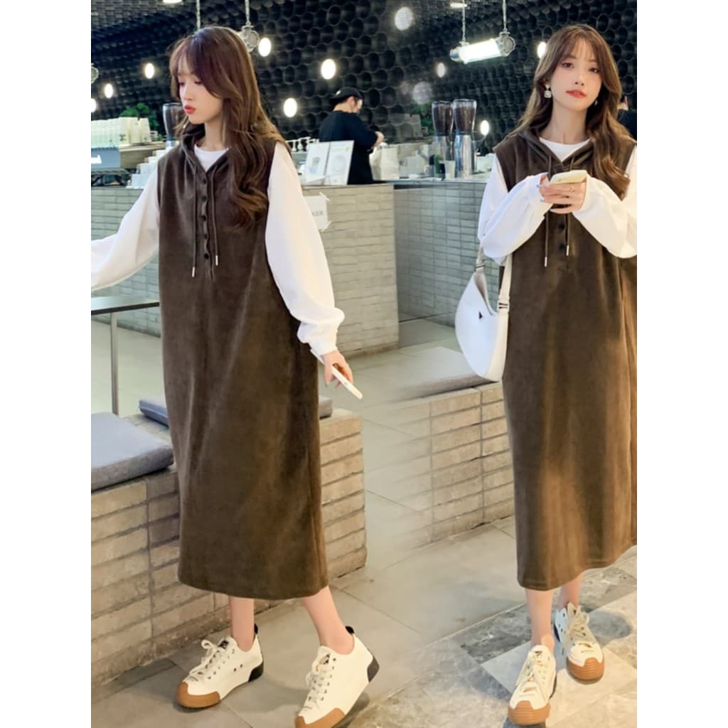 Jingqi roupa de maternidade vestido de primavera 2026 novo estilo cinta saia pequena moletom de manga comprida de duas p