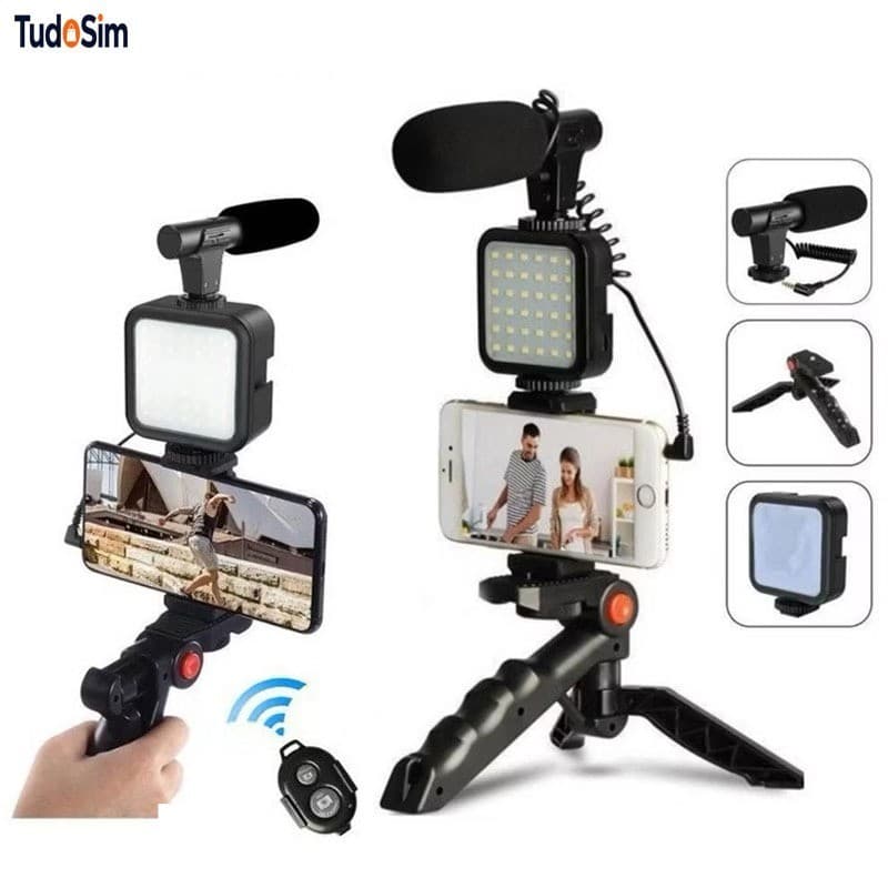 Kit De Fotografia Luz De Vídeo + Microfone + Tripé Dobrável + Suporte Celular Com Controle Bluetooth