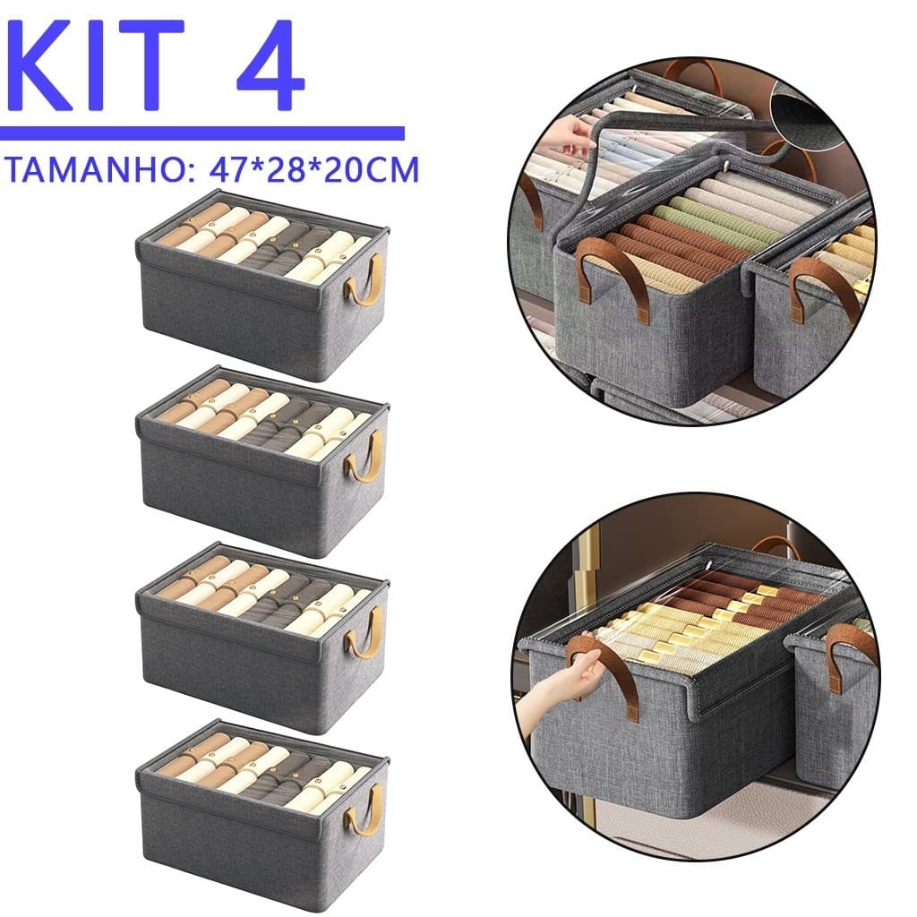 KIT 4 Caixa com Tampa de Armazenamento para Roupas, Brinquedos Infantis, Íntimas e Calças