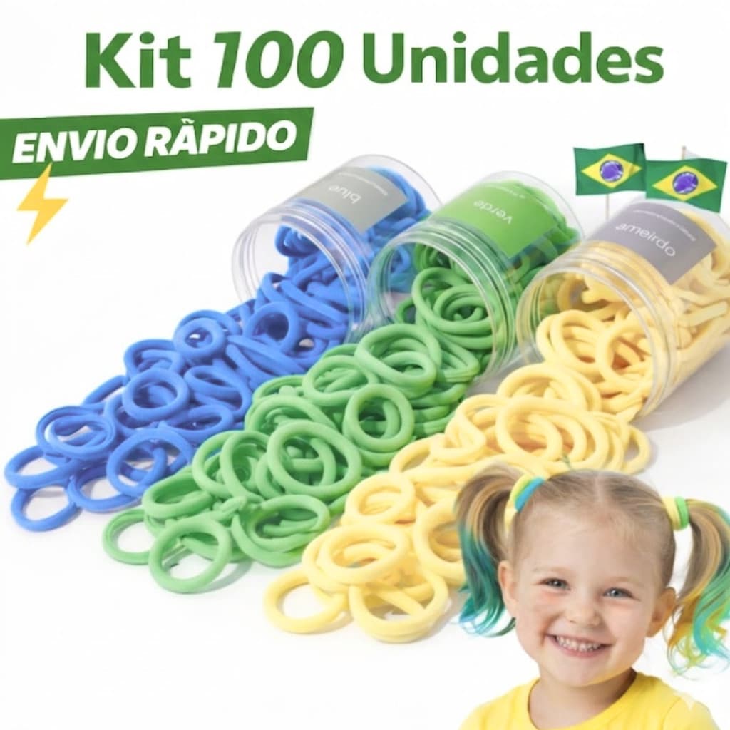 Kit 100 Xuxinhas de Cabelo Elásticos Coloridos Resistentes Infantil/Adulto Copa do Mundo Brasil