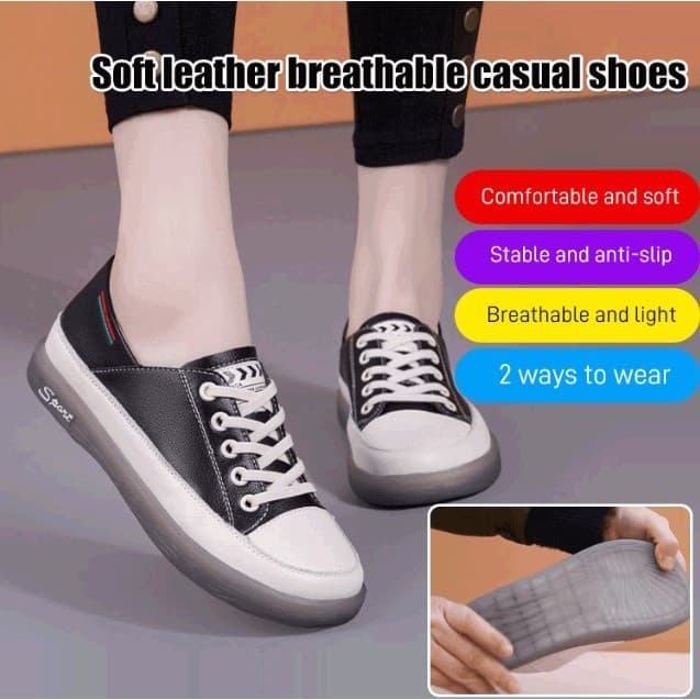 PD5 Sapatos Casuais Femininos De Couro Macio/Sola De Tendão De Carne Com Tiras Brancas