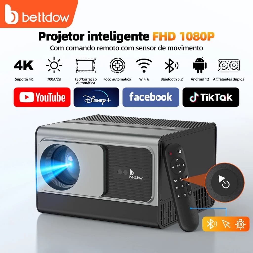 BETTDOW Projetor De Filme De Vídeo LED Totalmente Selado 4K 8K Android WiFi 700ANSI 22000 Lúmens
