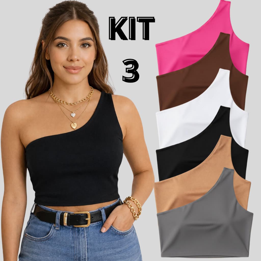 Kit 3 Croppeds nula manga forrado Um Ombro Só colorida Malha Suplex carnaval