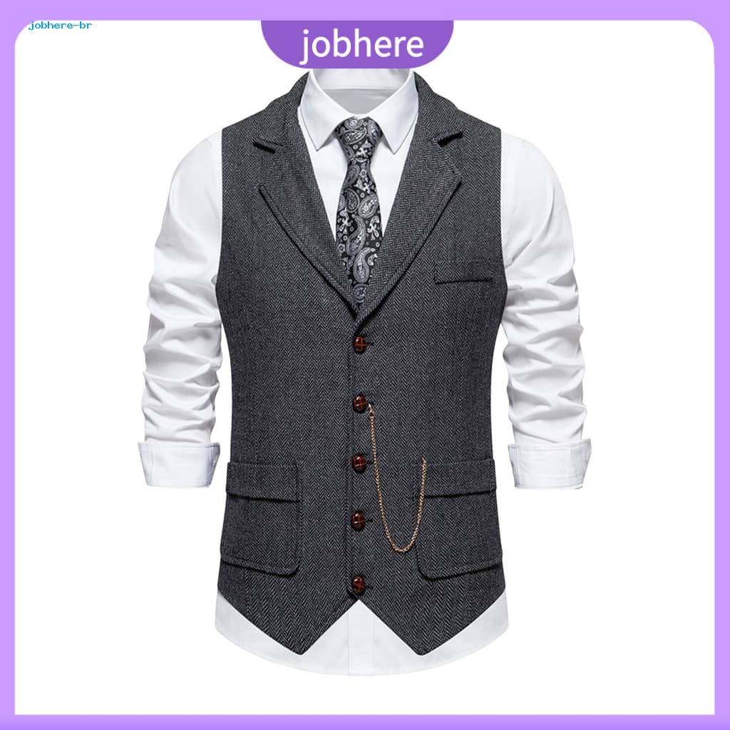 Chain Decoration Vest Polyester Waistcoat Men's Business Suit Sleeveless Lapel with 3d Pockets and Single Breasted Solid