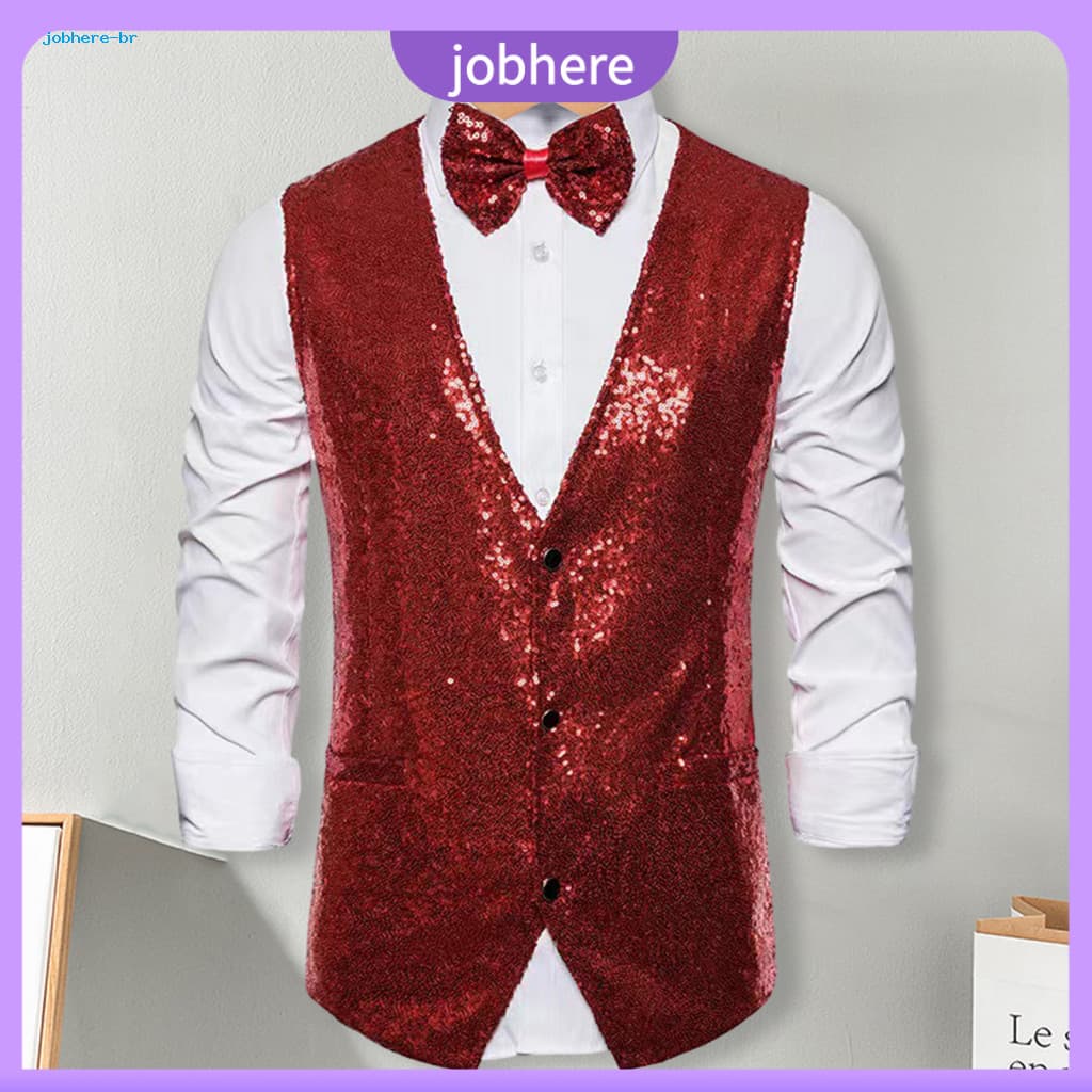 Men Sequin Vest Sleeveless Blazer Men's Shiny Waistcoat Slim Fit V-neck with Bow Tie Perfect for Stage Performance Emcee