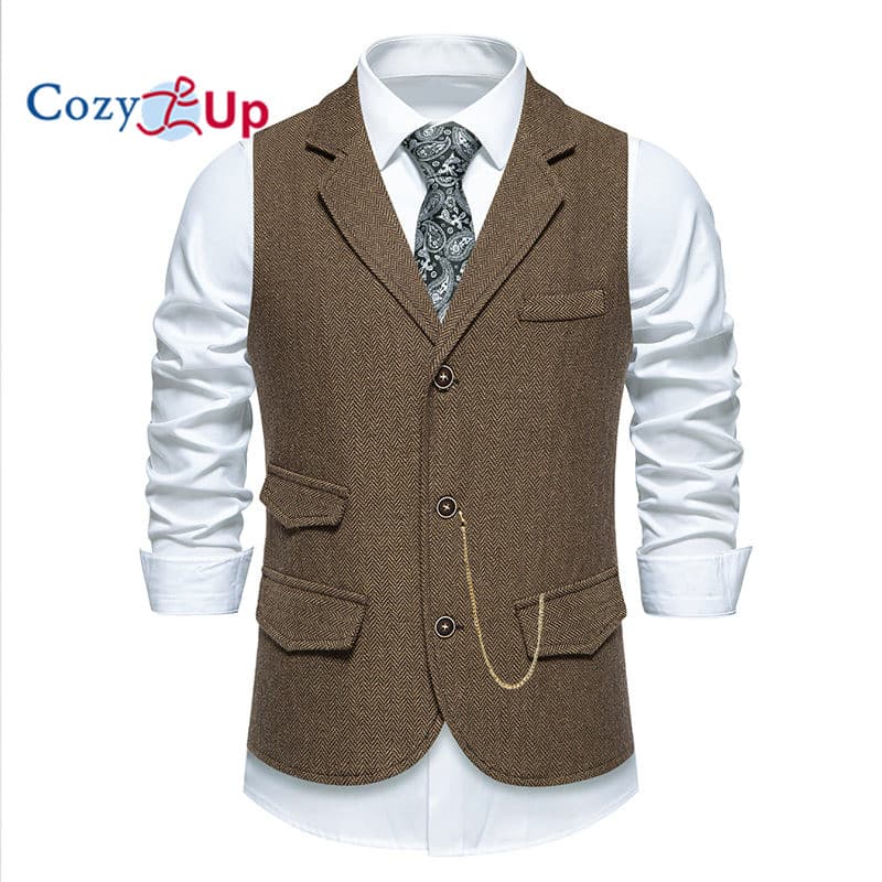 Colete Casual Masculino Espinha De Peixe Plus Size Com Corrente – De Terno De Negócios De Peito Único , Estilo De Trabal