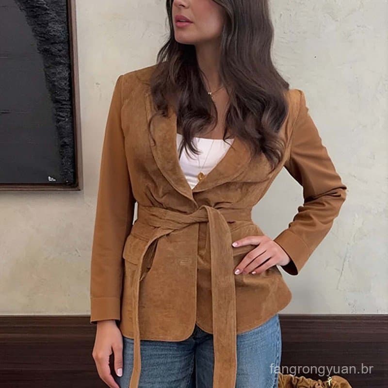 blazer Retrô Feminino , Estilo Viajante , Cor Sólida Com Detalhe De Cadarço (29948) .