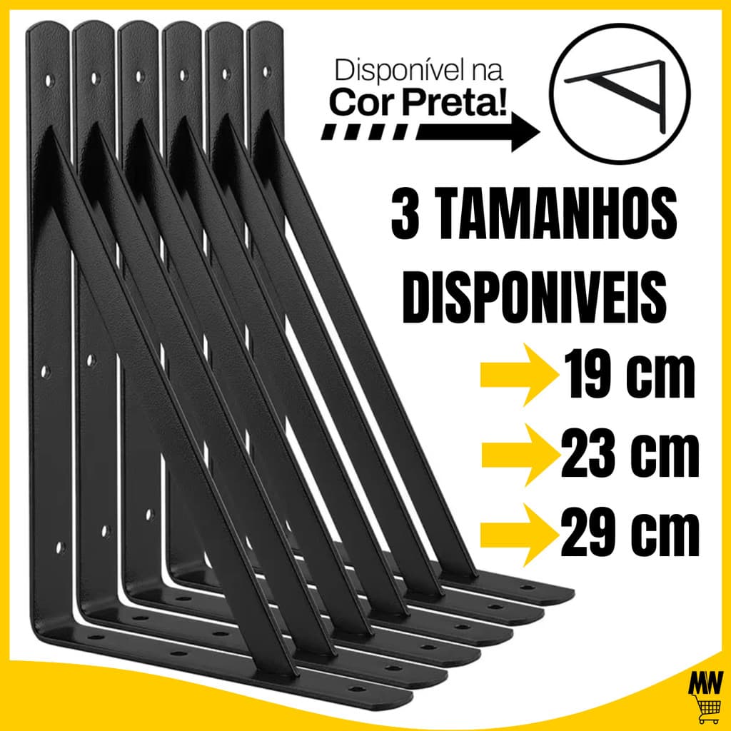 Kit 20 Suportes Mão Francesa Preta 29cm/23cm/19cm Canto Tábua Cantoneira Reforçada Envio Imediato