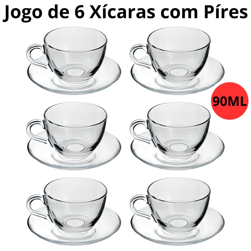 Jogo Conjunto de Xícaras Com Pires Café Chá 12 Peças Transparente Vidro Incolor 90ml