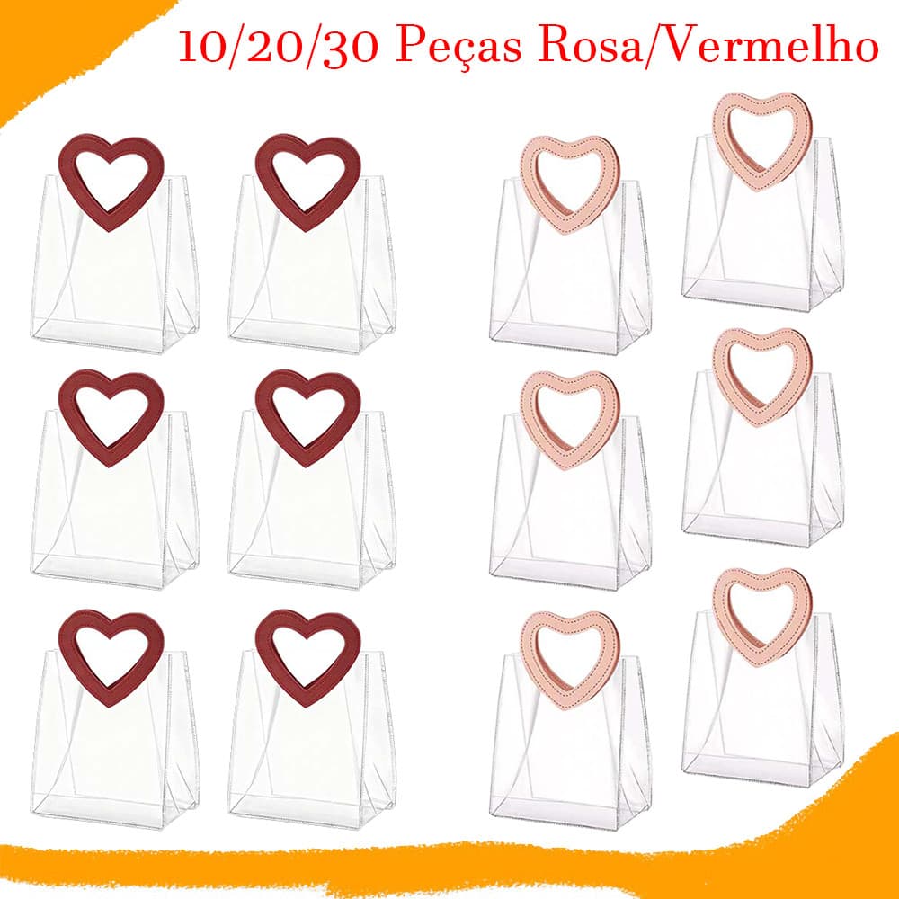 22 x 21 x 11 cm, 10/20/30 Peça sacos de presente de PVC transparente com Alças em forma de coração, reutilizável