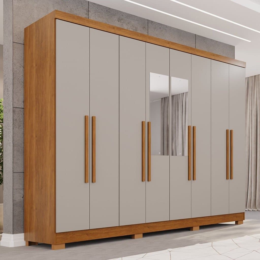 Guarda-Roupa Casal com Pés e Espelho 8 Portas 4 Gavetas França Espresso Móveis Cinamomo/Off White