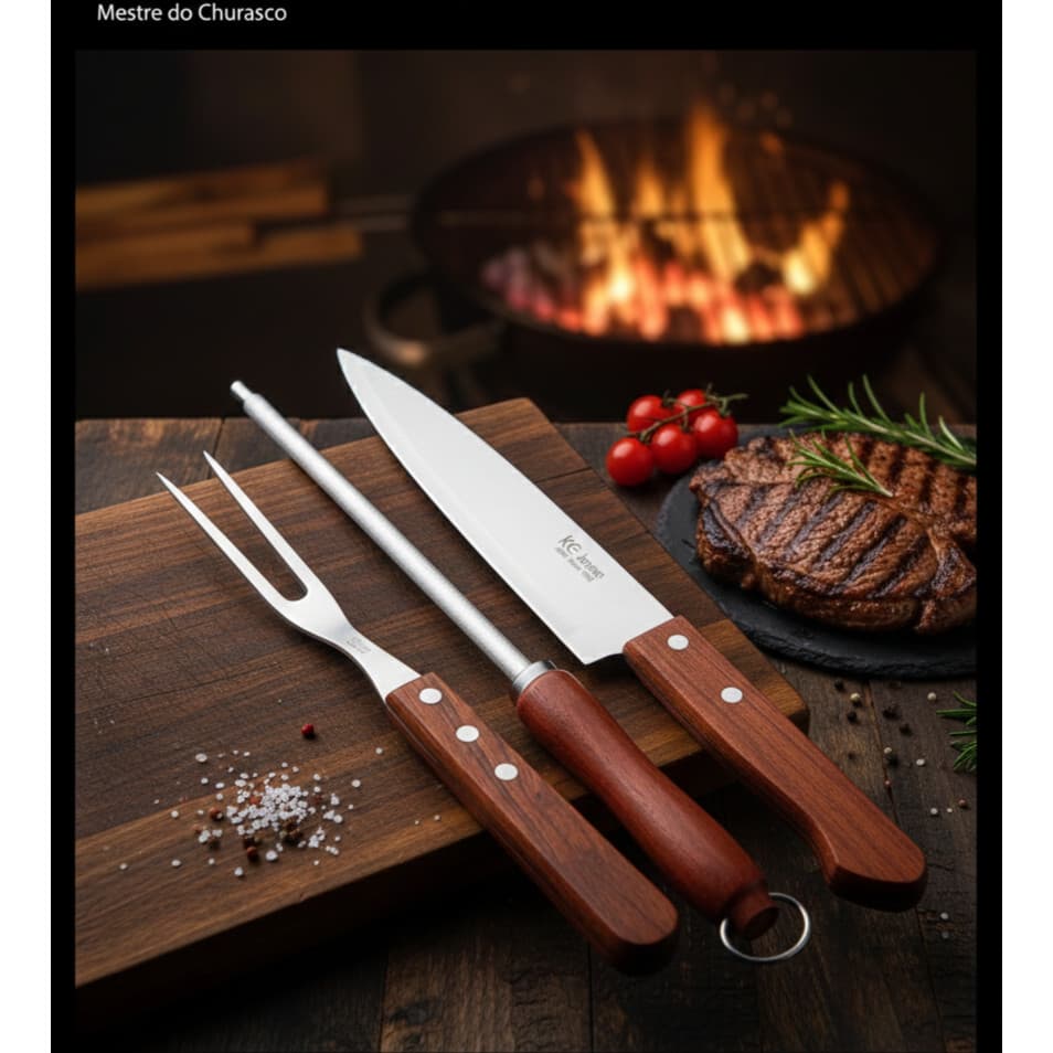 Kit 3 peças Ke home Faca, Garfo e Chaira para seu churrasco